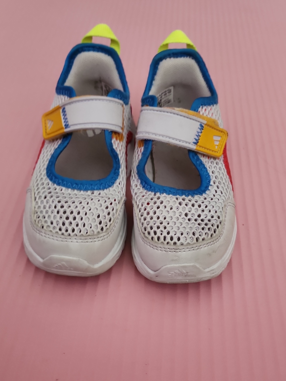 adidas White Mesh Mary Jane Sandals with Blue and Yellow Accents